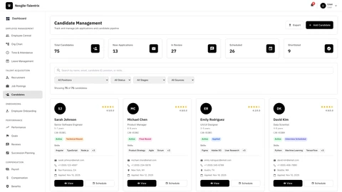 Illustrative preview (sample data, not verified outcomes): Candidates Portal - AI-powered talent acquisition interface with intelligent candidate matching, comprehensive screening workflows, and recruitment analytics