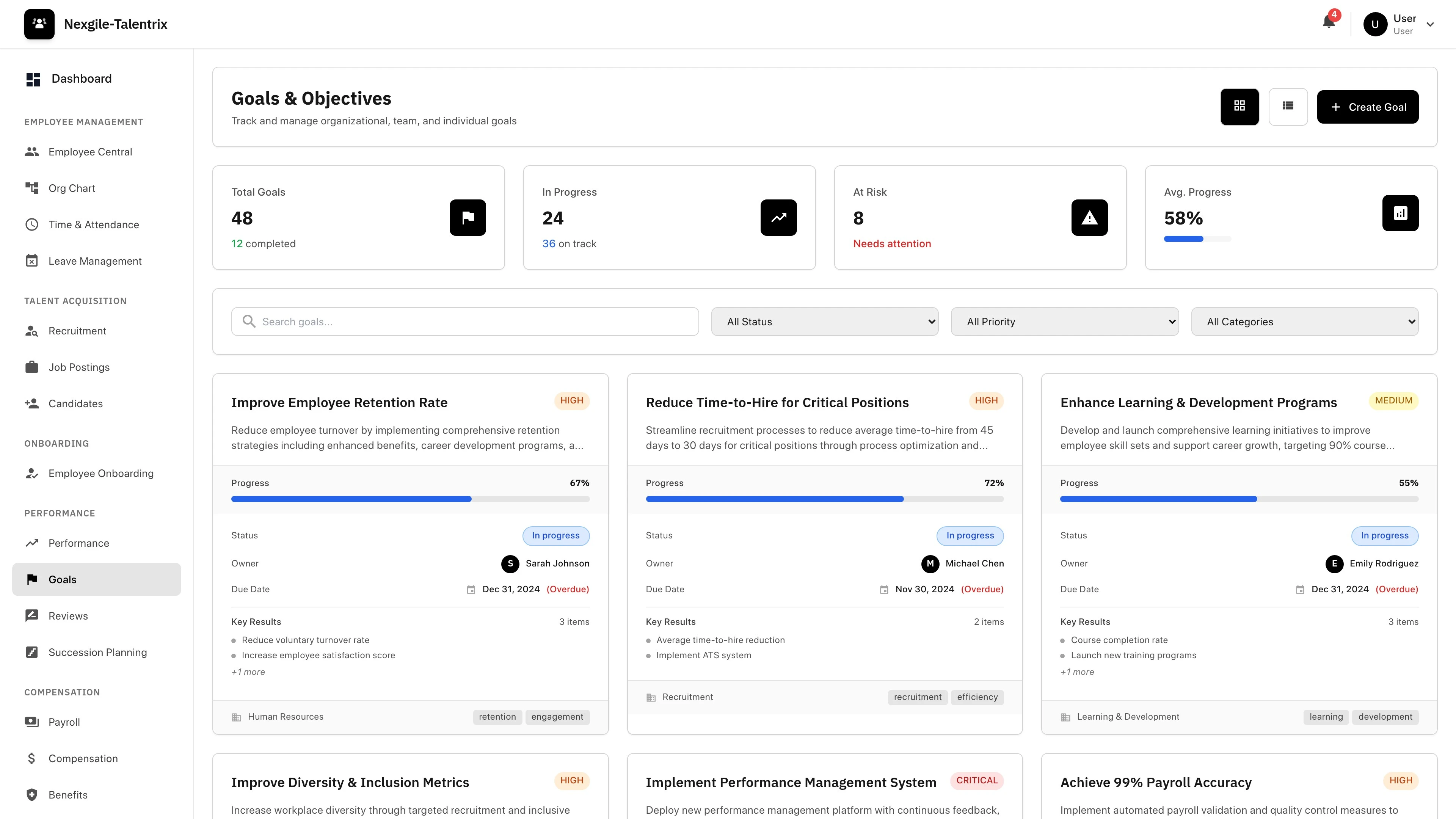 Illustrative preview (sample data, not verified outcomes): Goals and Objectives Management Dashboard - Comprehensive view of organizational goals with cascading objectives, alignment tracking, and progress monitoring across all levels