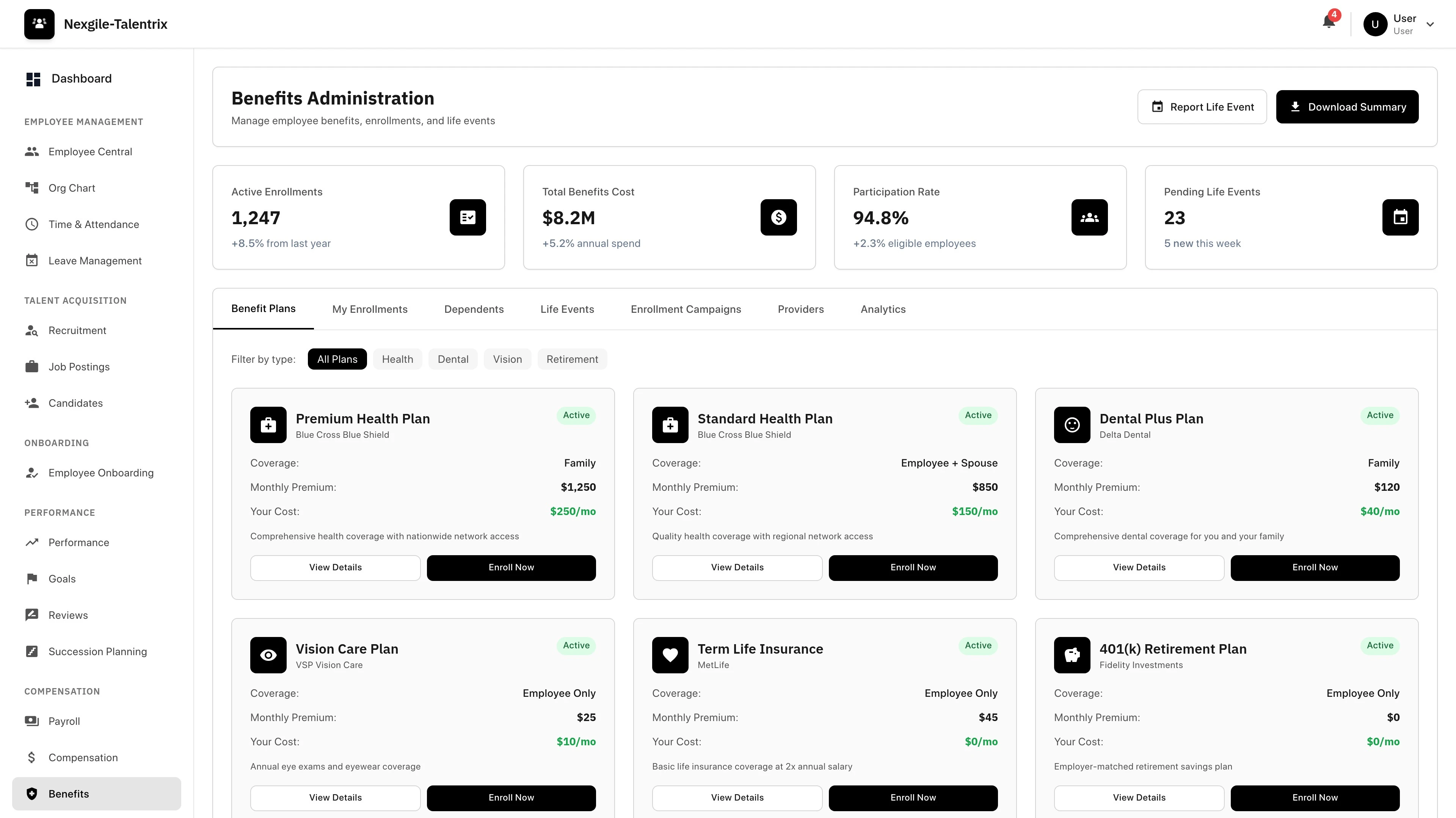 Illustrative preview (sample data, not verified outcomes): Benefits page of Nexgile-Talentrix Hub