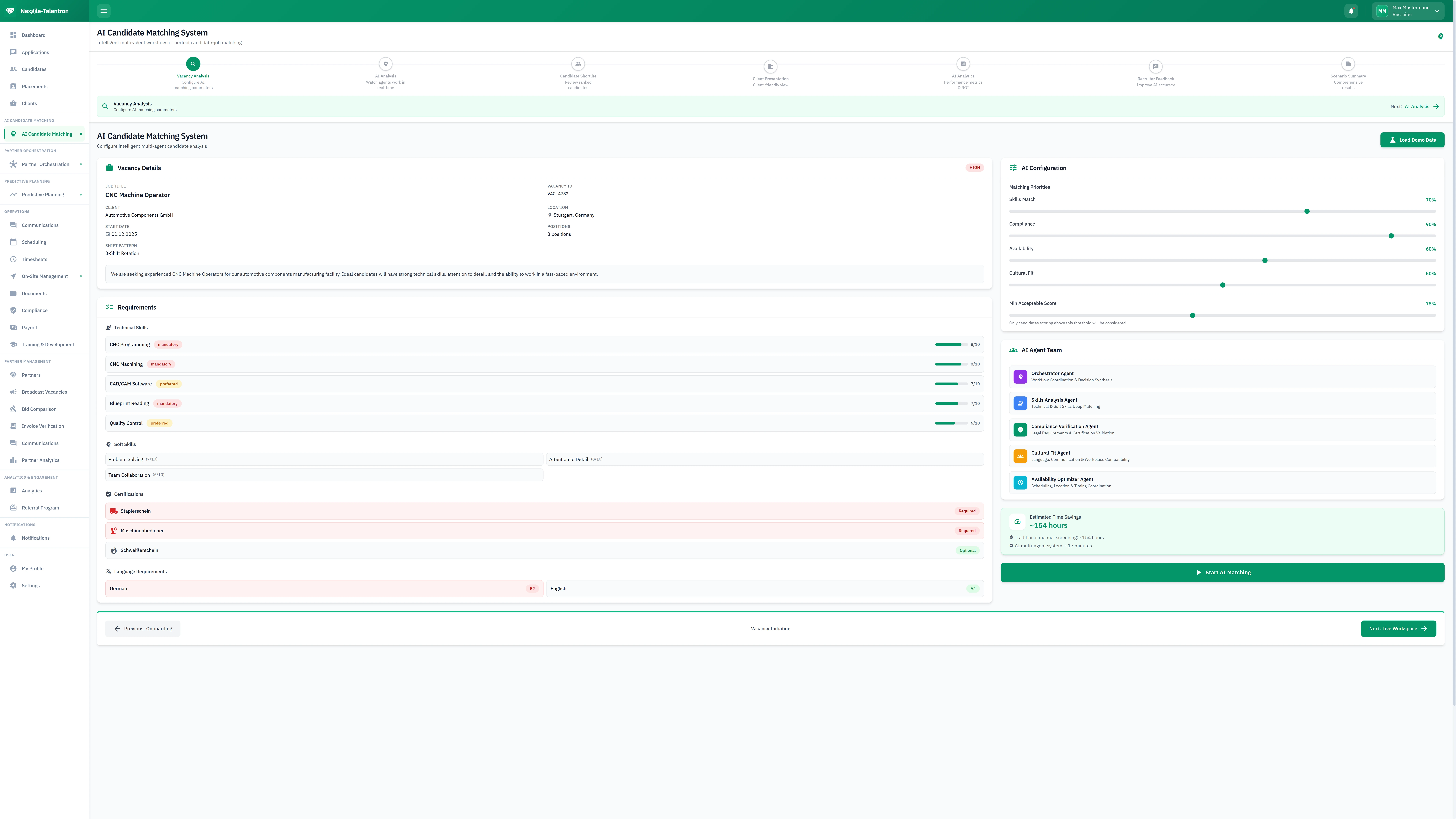 Illustrative preview (sample data, not verified outcomes): Vacancy Analysis Configuration - Job requirements setup with AI agent selection and candidate matching criteria