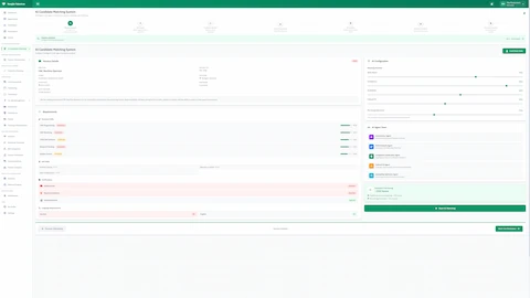 Illustrative preview (sample data, not verified outcomes): Vacancy Analysis Configuration - Job requirements setup with AI agent selection and candidate matching criteria