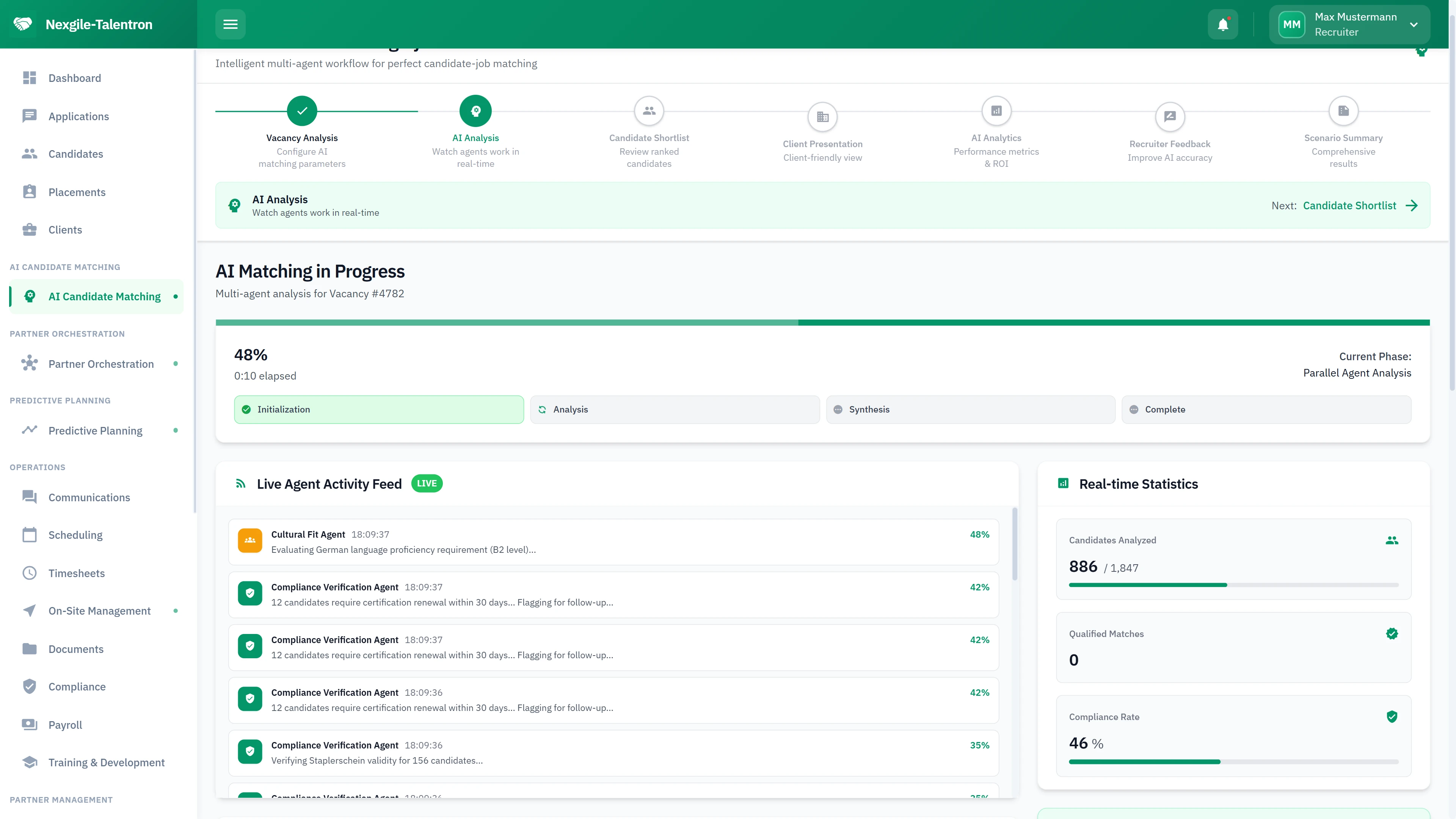 Illustrative preview (sample data, not verified outcomes): AI Matching - Live agent activity feed with real-time statistics and parallel agent analysis