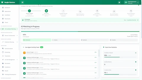 Illustrative preview (sample data, not verified outcomes): AI Matching - Live agent activity feed with real-time statistics and parallel agent analysis