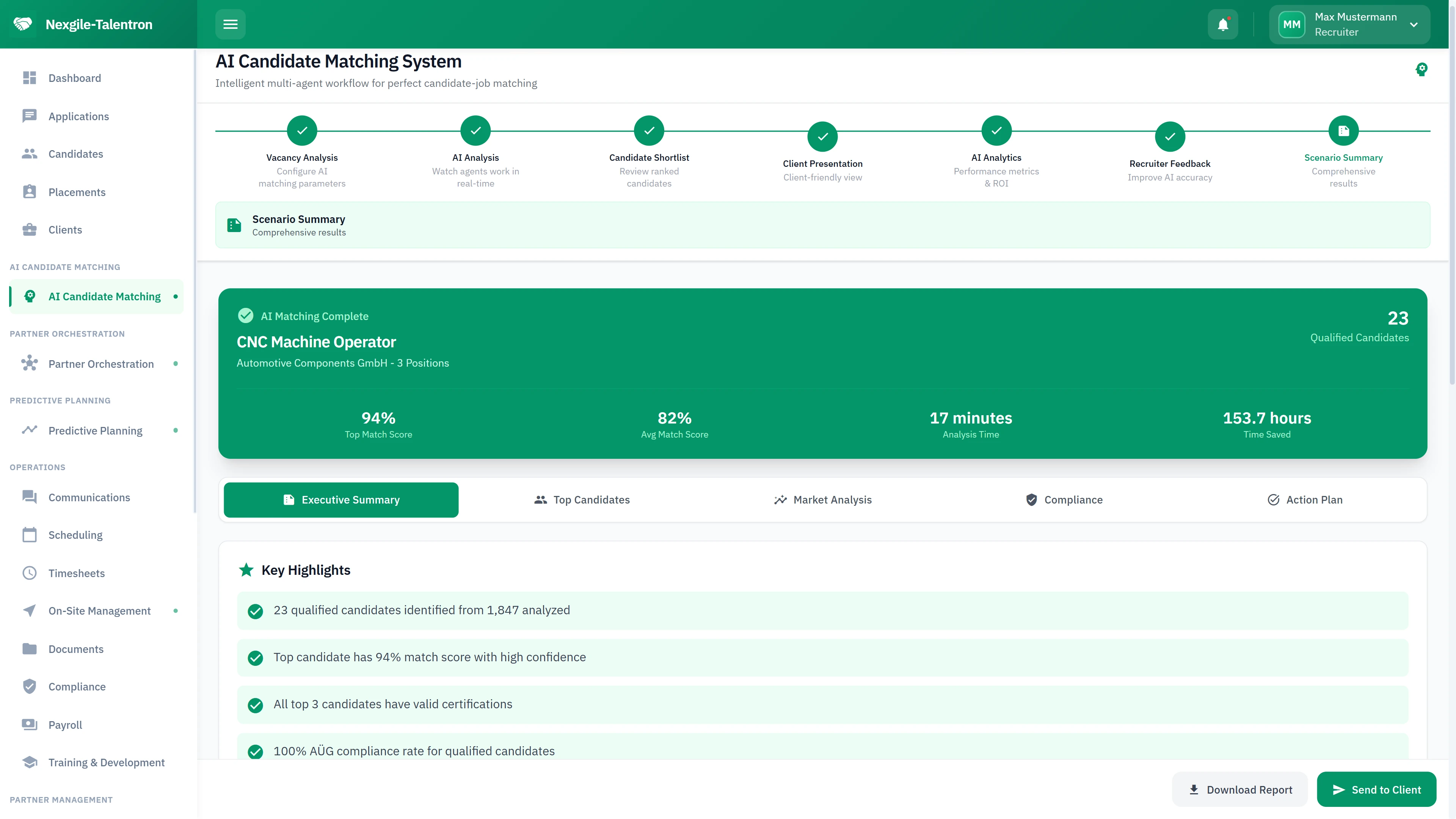 Illustrative preview (sample data, not verified outcomes): Scenario Summary - CNC Machine Operator matching results with key highlights and qualified candidates