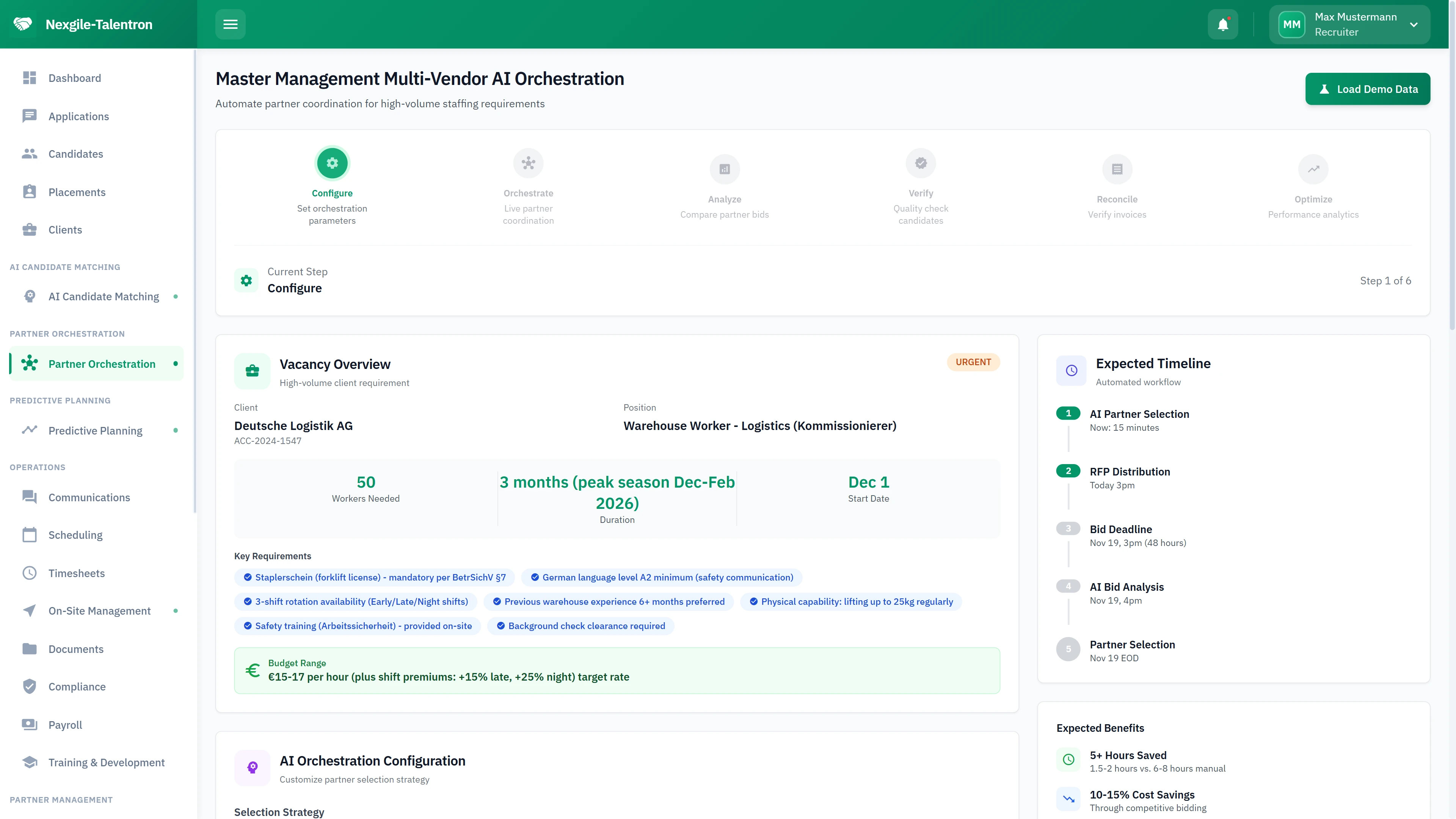 Illustrative preview (sample data, not verified outcomes): Vacancy Overview Configuration - Partner selection timeline, staffing requirements, and orchestration settings
