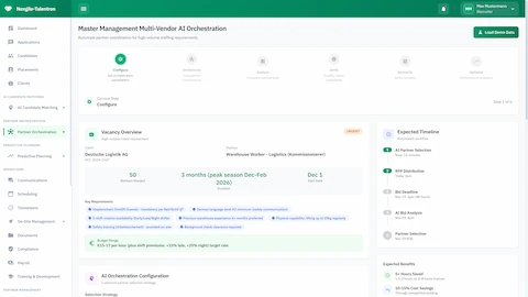 Illustrative preview (sample data, not verified outcomes): Vacancy Overview Configuration - Partner selection timeline, staffing requirements, and orchestration settings