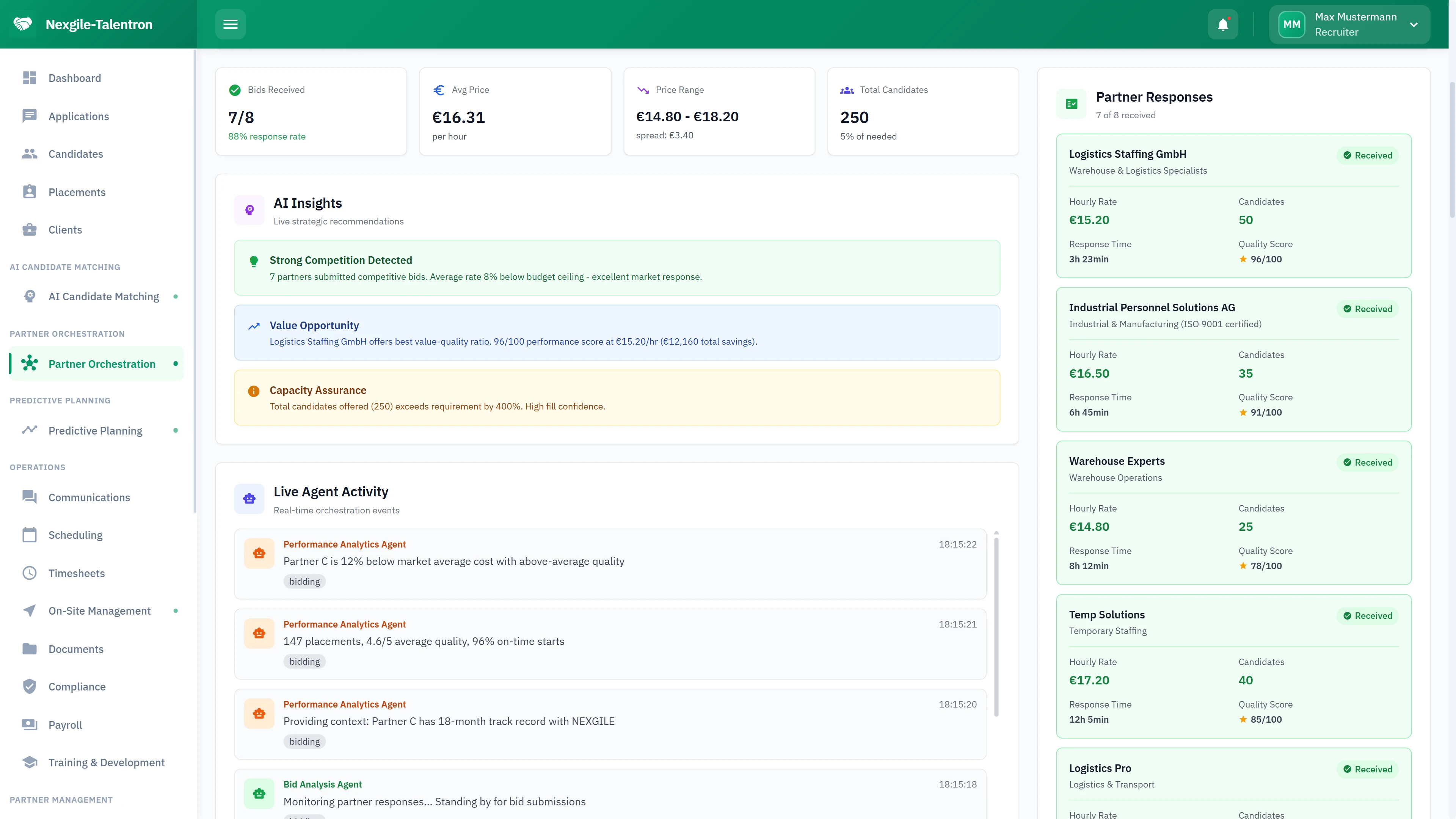 Illustrative preview (sample data, not verified outcomes): Live Agent Activity - Partner bid responses with AI insights, quality scores, and real-time collection status