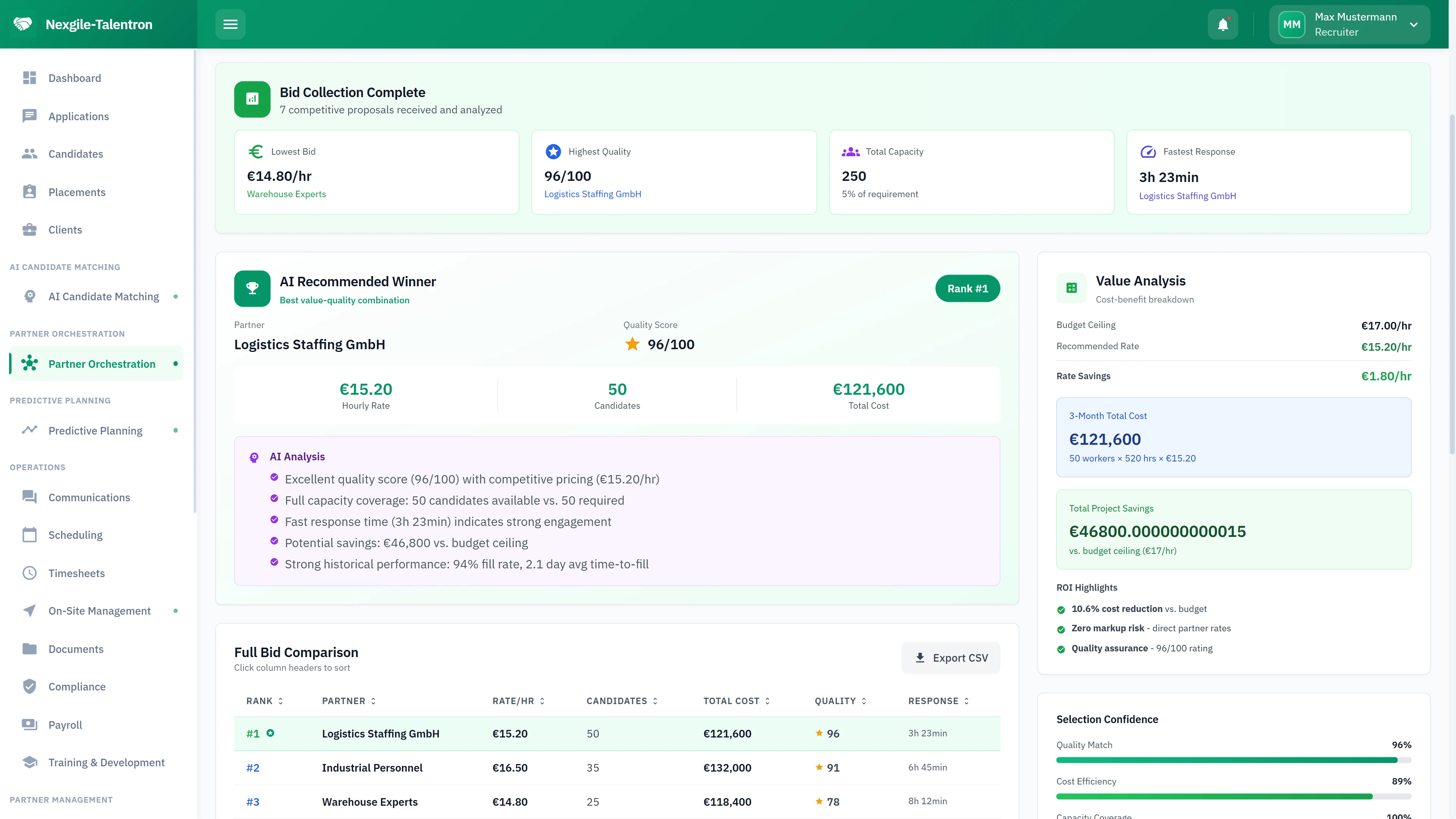 Illustrative preview (sample data, not verified outcomes): Bid Collection Complete - AI recommended winner with value analysis and full bid comparison table