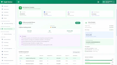 Illustrative preview (sample data, not verified outcomes): Bid Collection Complete - AI recommended winner with value analysis and full bid comparison table