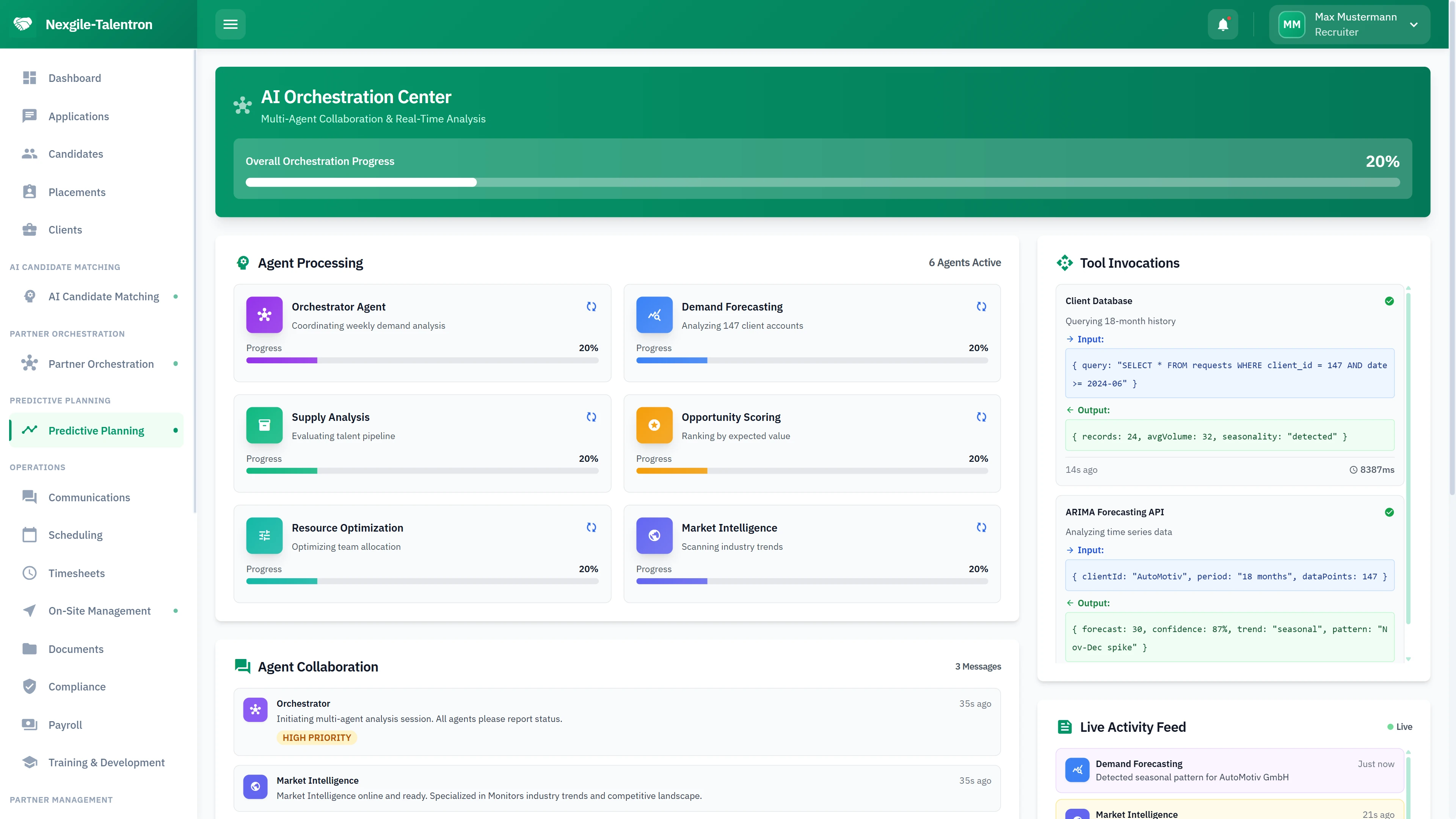 Illustrative preview (sample data, not verified outcomes): AI Orchestration Center - Multi-agent processing dashboard with tool invocations and live activity feed