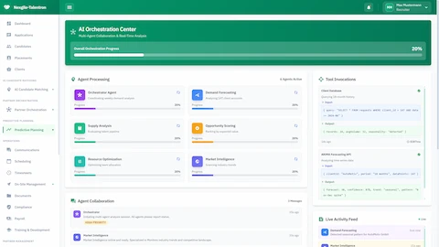 Illustrative preview (sample data, not verified outcomes): AI Orchestration Center - Multi-agent processing dashboard with tool invocations and live activity feed