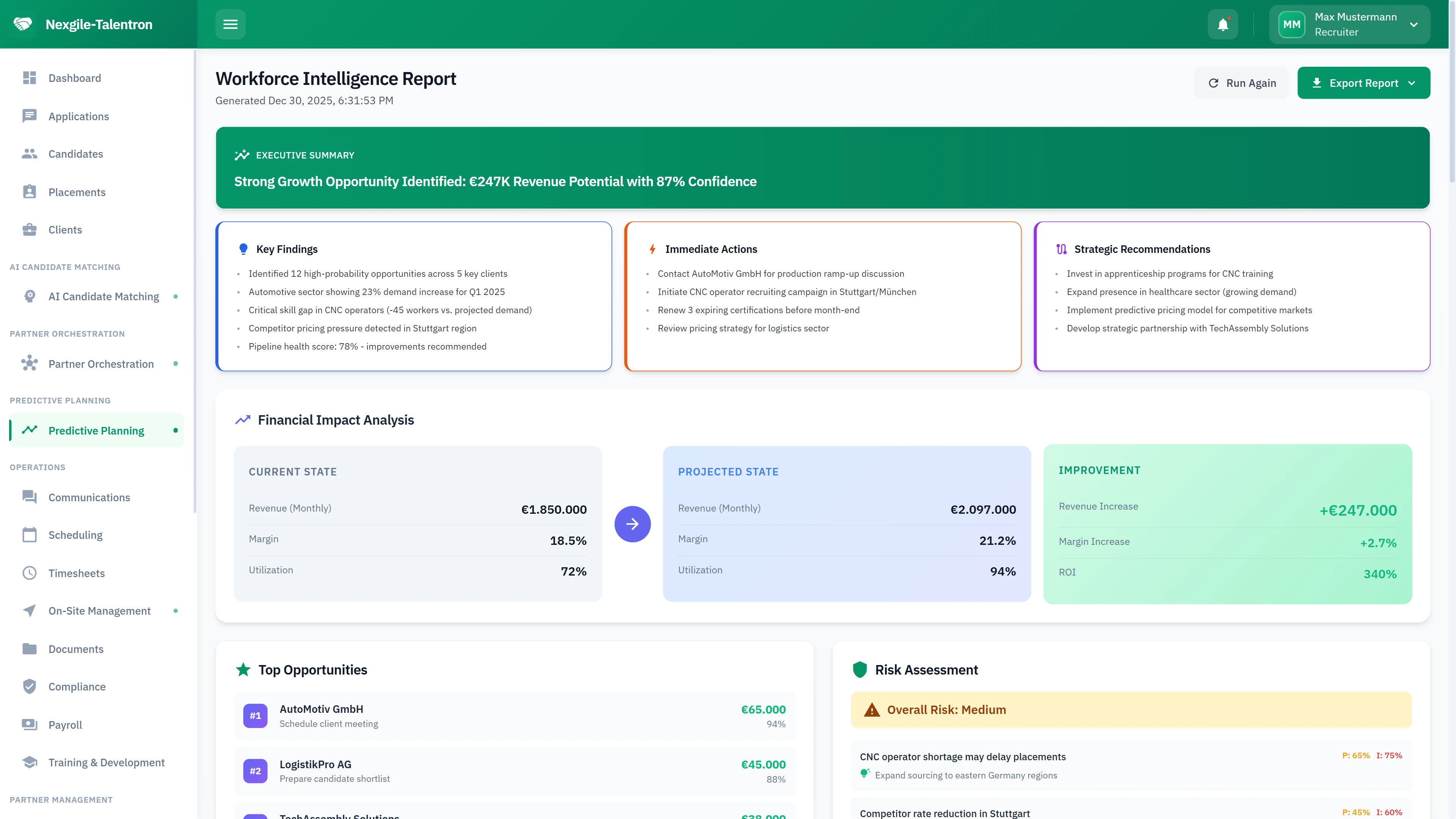 Illustrative preview (sample data, not verified outcomes): Workforce Intelligence Report - Financial impact analysis with top opportunities and risk assessment