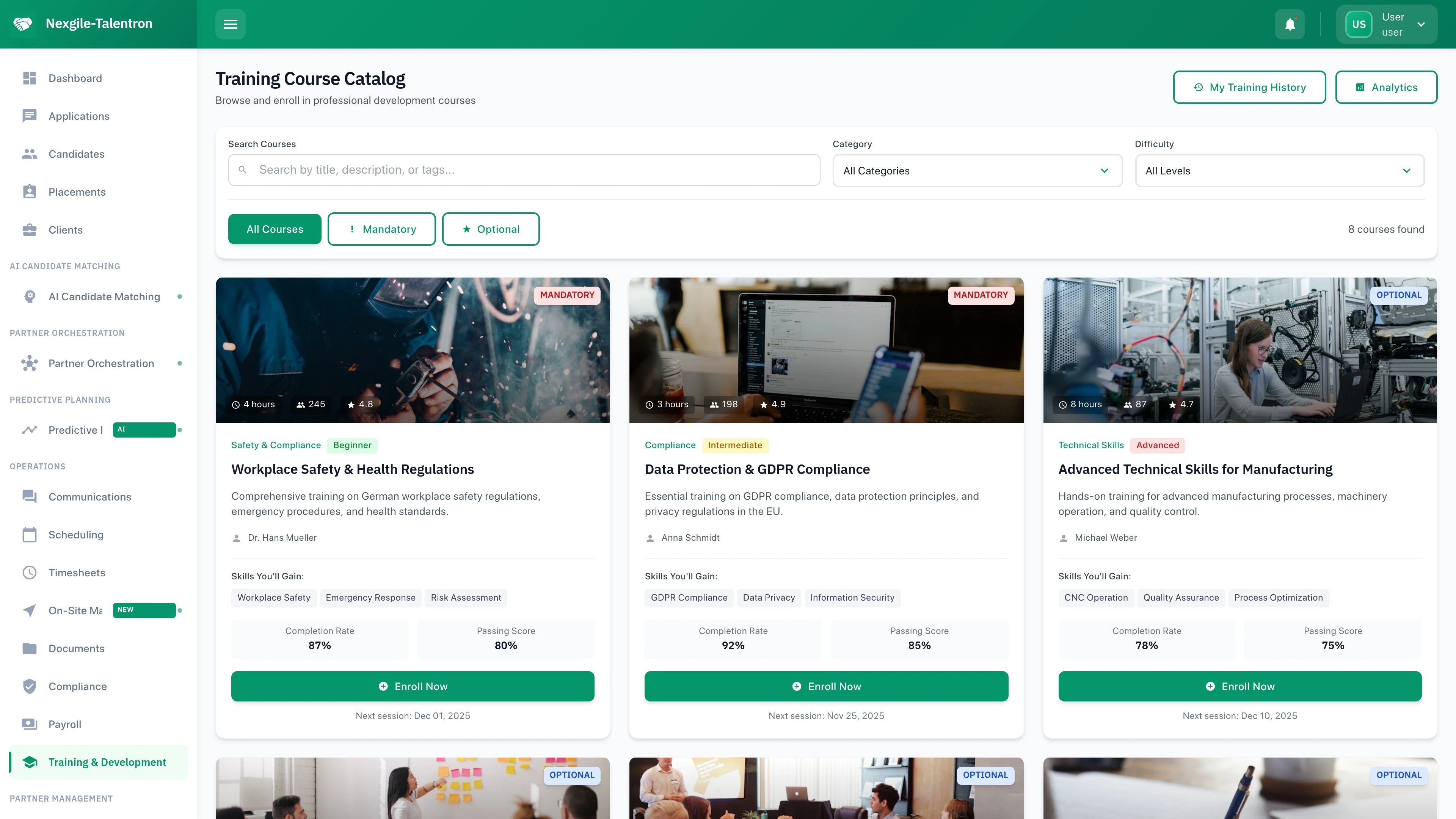 Illustrative preview (sample data, not verified outcomes): Training & Development Module - Course Catalog Screen