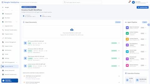 Illustrative preview (sample data, not verified outcomes): Invoice Audit Workflow Configuration - Upload invoices and configure the 7-agent AI pipeline for automated billing analysis