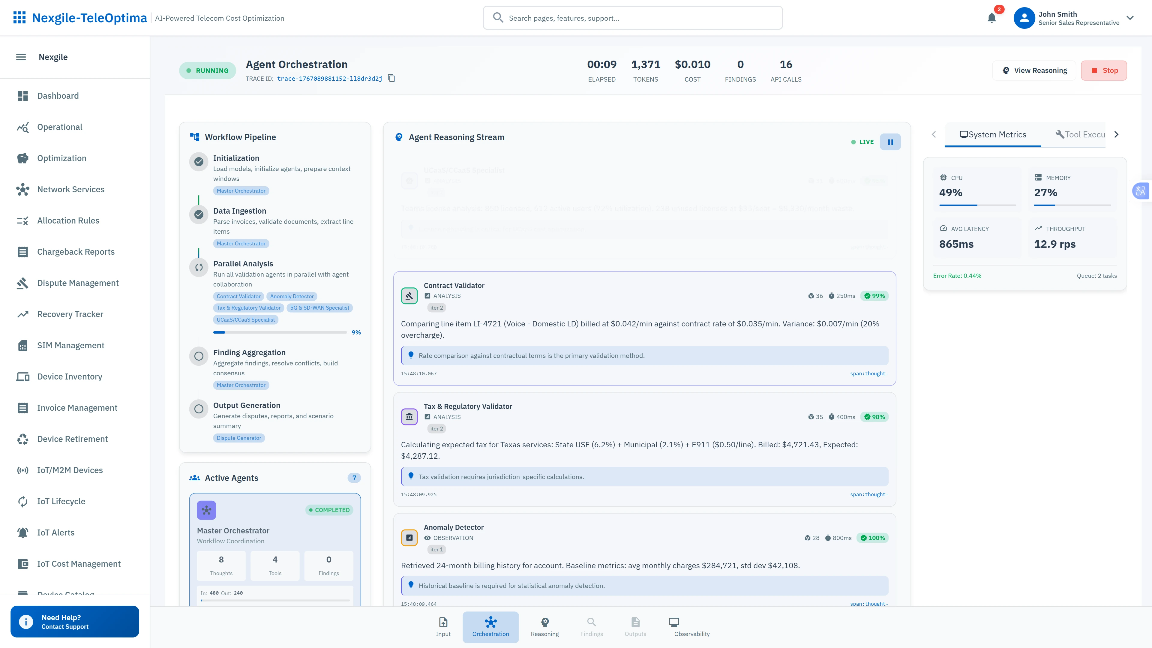Illustrative preview (sample data, not verified outcomes): Live Agent Orchestration - Real-time multi-agent collaboration with reasoning streams and system performance metrics