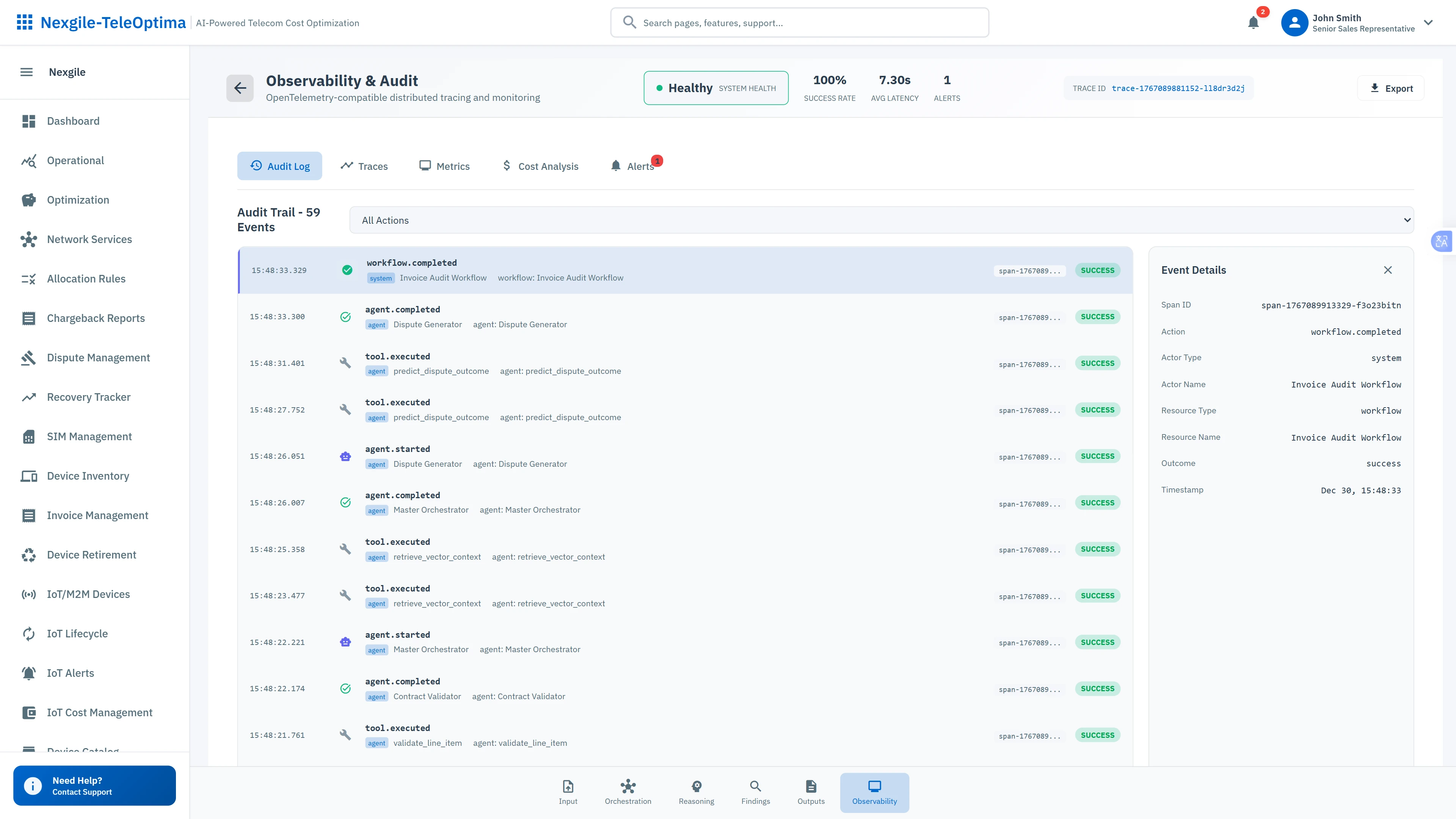 Illustrative preview (sample data, not verified outcomes): Observability & Audit Trail - Complete workflow tracing with agent execution logs and system health monitoring