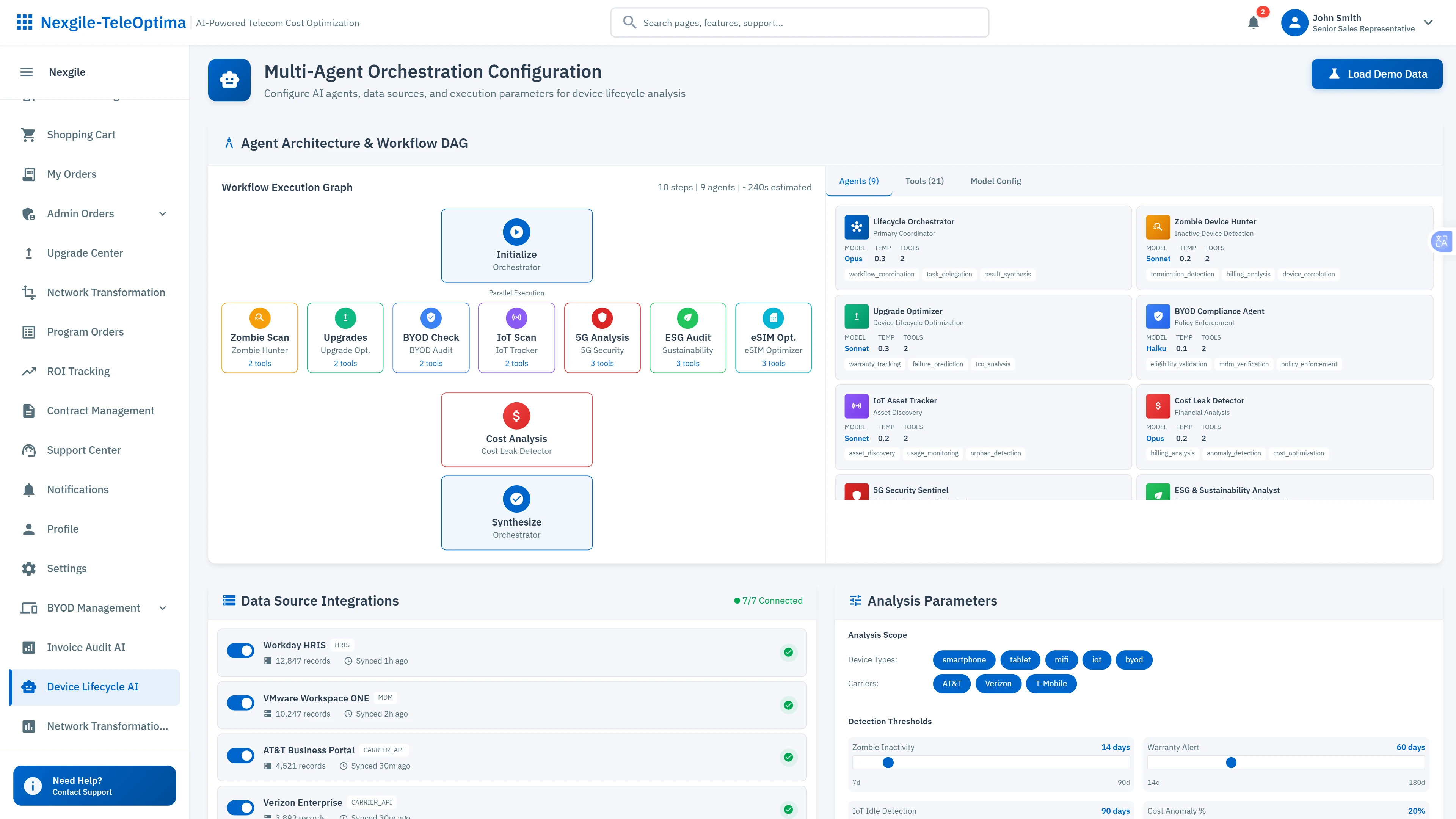 Illustrative preview (sample data, not verified outcomes): Multi-Agent Orchestration Configuration - Configure the 9-agent workflow DAG with data source integrations and analysis parameters