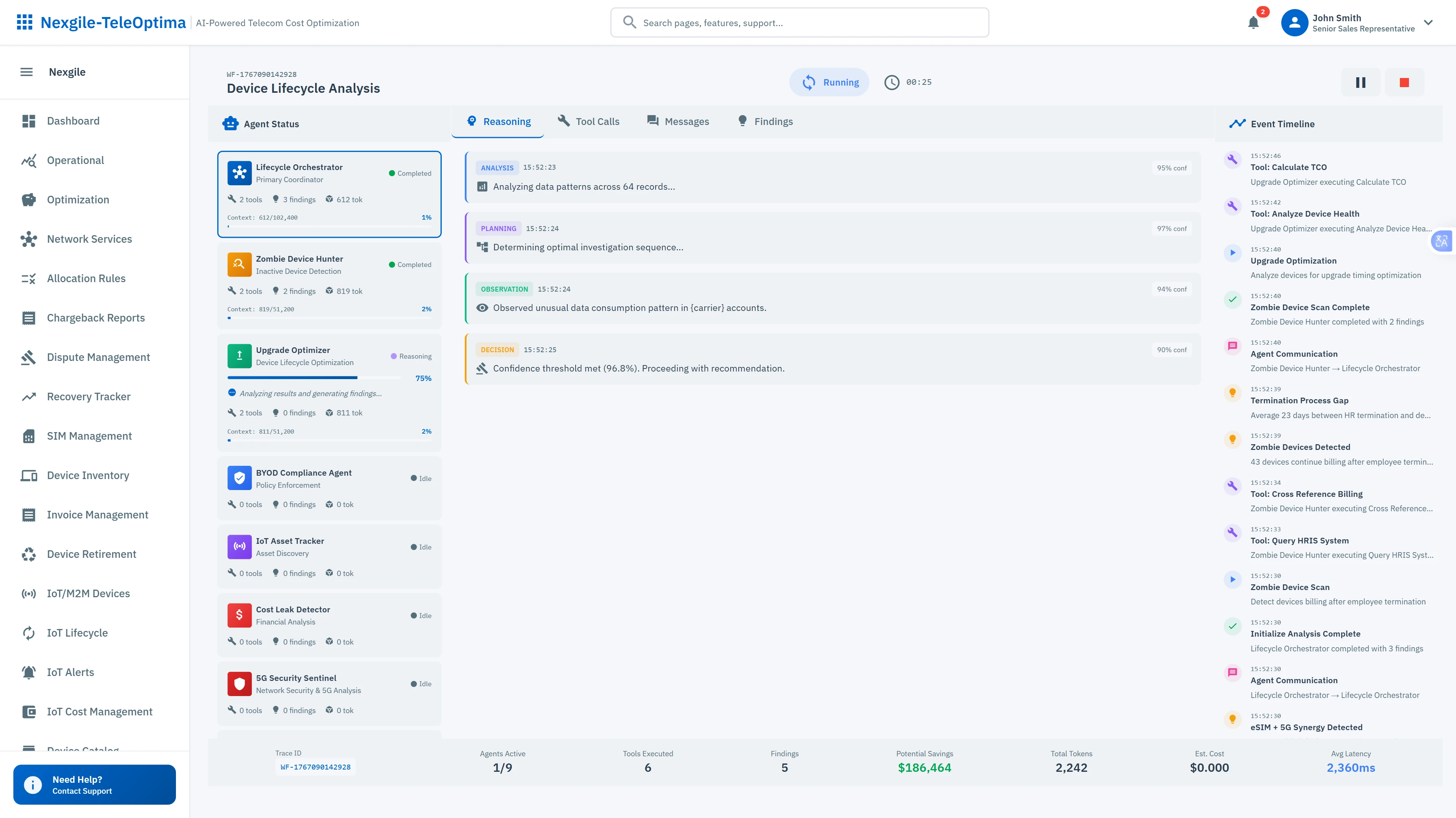 Illustrative preview (sample data, not verified outcomes): Device Lifecycle Analysis Execution - Live agent status tracking with reasoning streams and event timeline