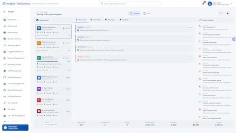 Illustrative preview (sample data, not verified outcomes): Device Lifecycle Analysis Execution - Live agent status tracking with reasoning streams and event timeline