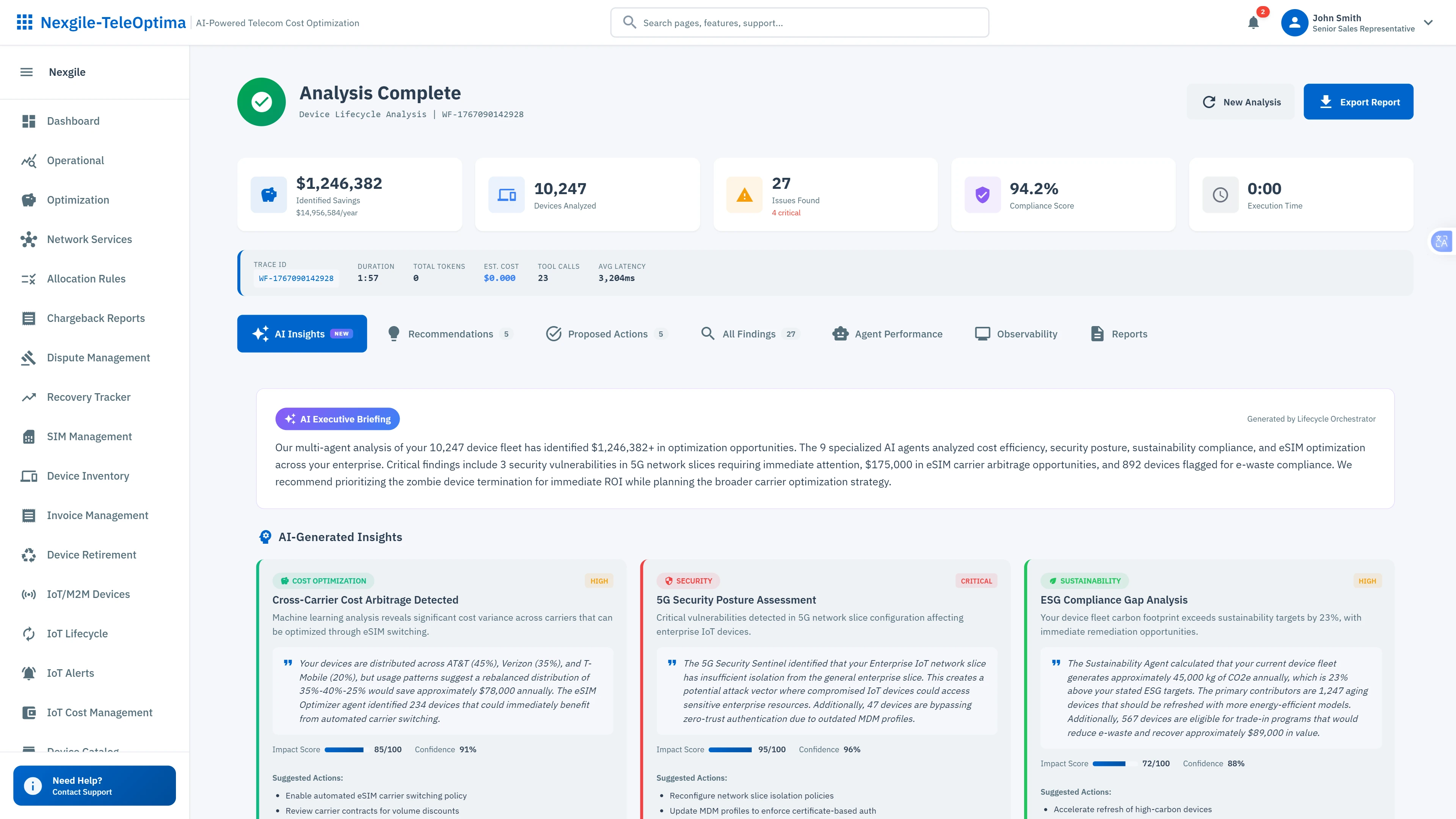Illustrative preview (sample data, not verified outcomes): AI-Powered Insights Dashboard - Comprehensive analysis results with cost savings, compliance metrics, and prioritized recommendations