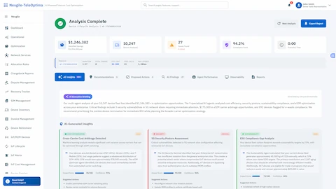 Illustrative preview (sample data, not verified outcomes): AI-Powered Insights Dashboard - Comprehensive analysis results with cost savings, compliance metrics, and prioritized recommendations