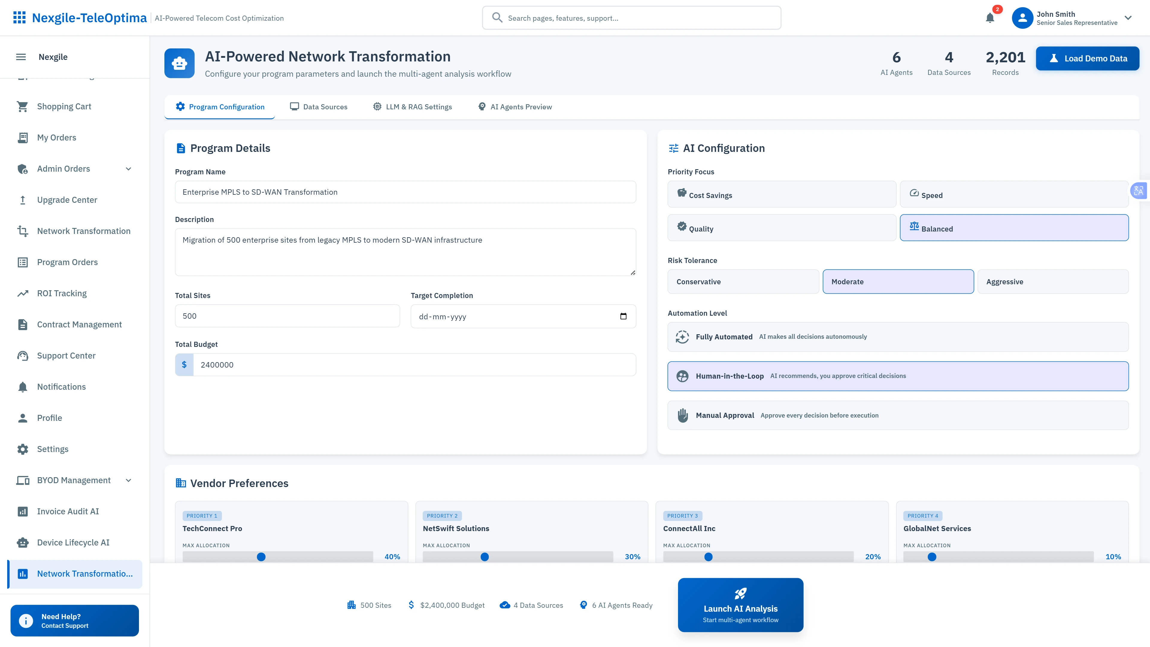Illustrative preview (sample data, not verified outcomes): Program Configuration Interface - Define transformation scope, AI automation levels, risk tolerance, and vendor preferences