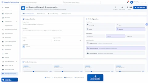 Illustrative preview (sample data, not verified outcomes): Program Configuration Interface - Define transformation scope, AI automation levels, risk tolerance, and vendor preferences