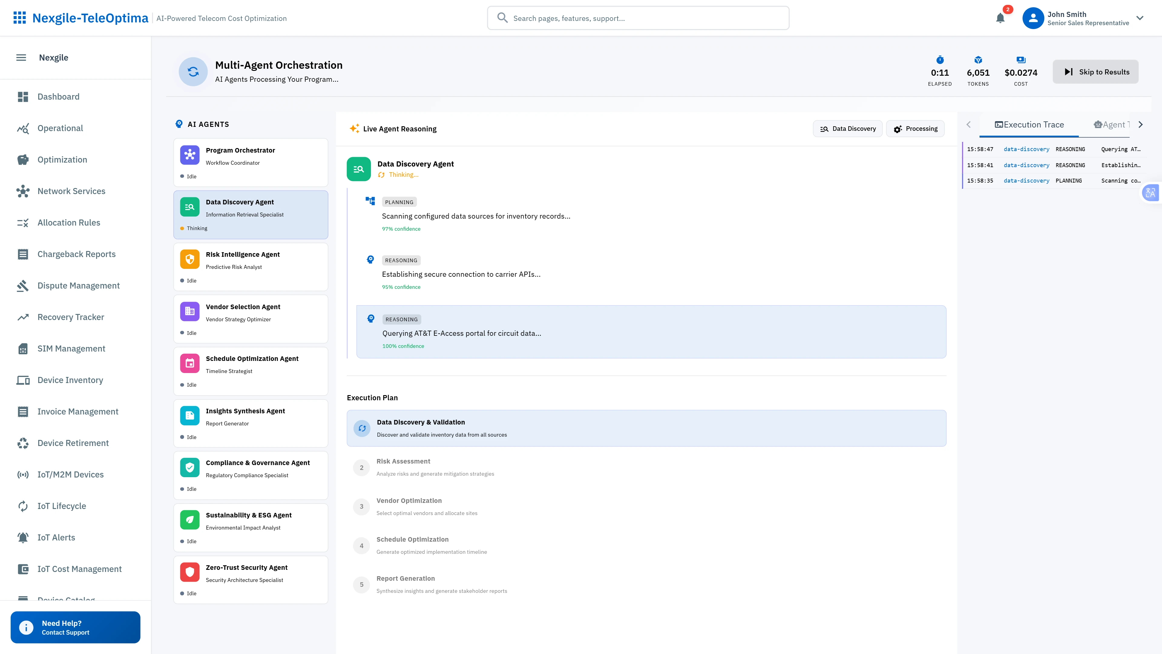 Illustrative preview (sample data, not verified outcomes): Multi-Agent Orchestration - Real-time view of 9 specialized agents processing transformation planning with live reasoning