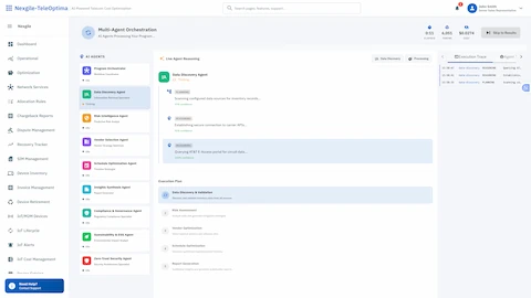 Illustrative preview (sample data, not verified outcomes): Multi-Agent Orchestration - Real-time view of 9 specialized agents processing transformation planning with live reasoning