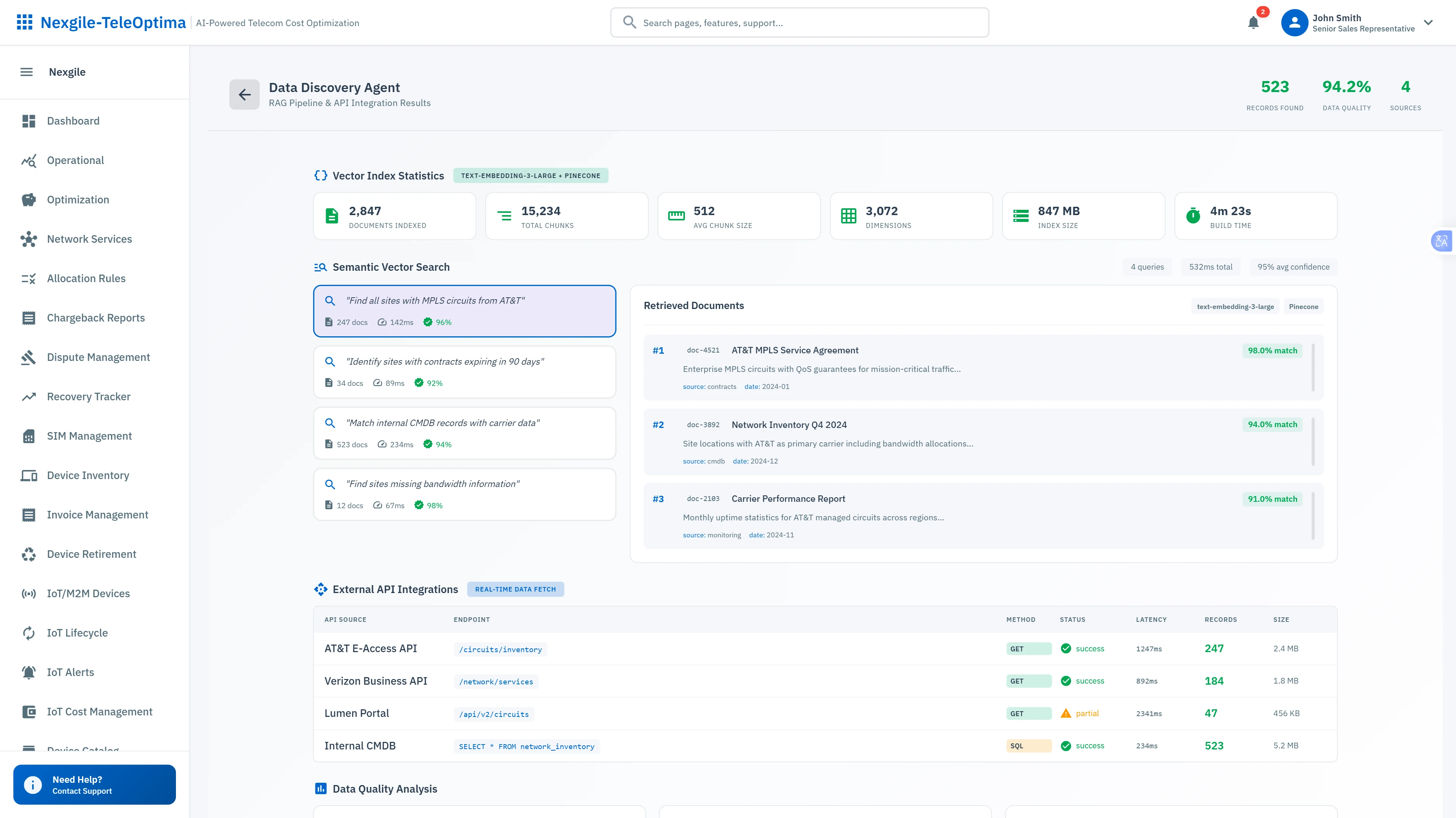 Illustrative preview (sample data, not verified outcomes): Data Discovery & RAG Pipeline - Vector search results, semantic queries, and real-time API integrations across carrier systems