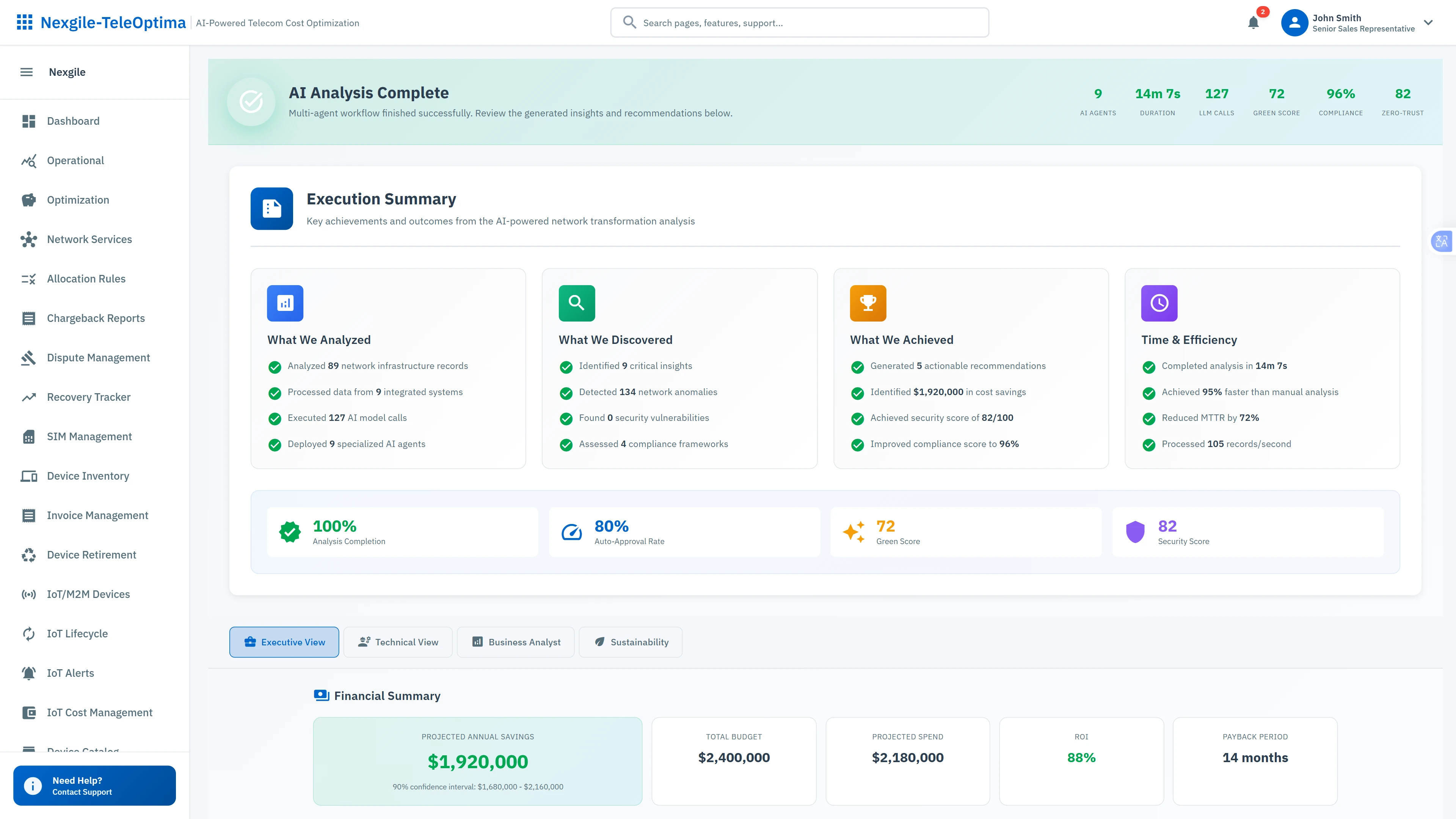 Illustrative preview (sample data, not verified outcomes): Execution Summary - Comprehensive analysis results with identified savings, compliance scores, and actionable recommendations