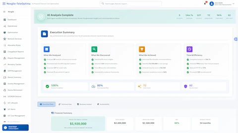 Illustrative preview (sample data, not verified outcomes): Execution Summary - Comprehensive analysis results with identified savings, compliance scores, and actionable recommendations