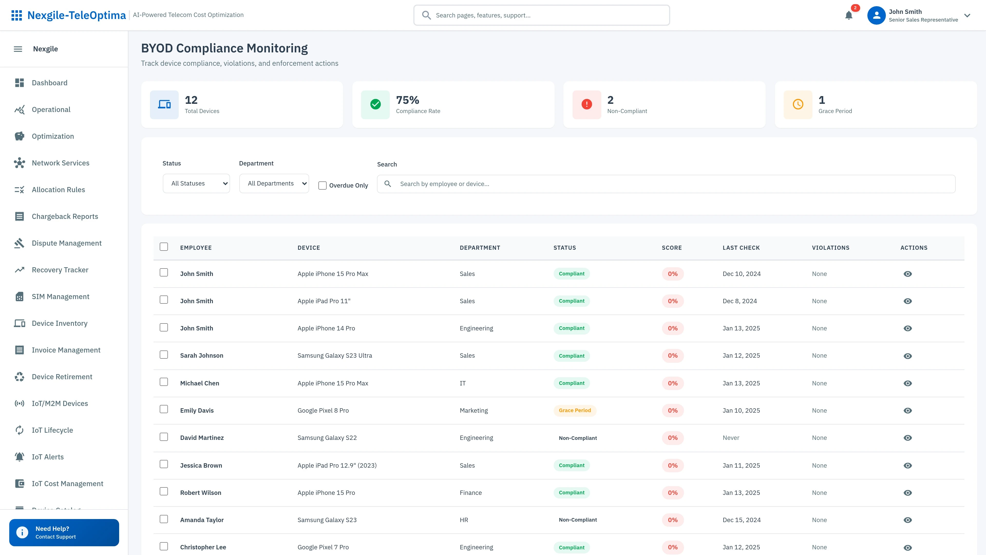 Illustrative preview (sample data, not verified outcomes): BYOD Compliance Dashboard - Device compliance tracking and policy enforcement