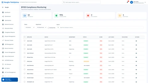 Illustrative preview (sample data, not verified outcomes): BYOD Compliance Dashboard - Device compliance tracking and policy enforcement