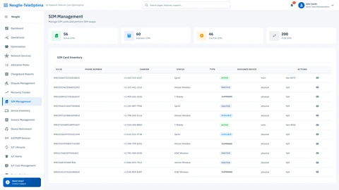 Illustrative preview (sample data, not verified outcomes): SIMs Management Interface - Comprehensive SIM card lifecycle and subscription management