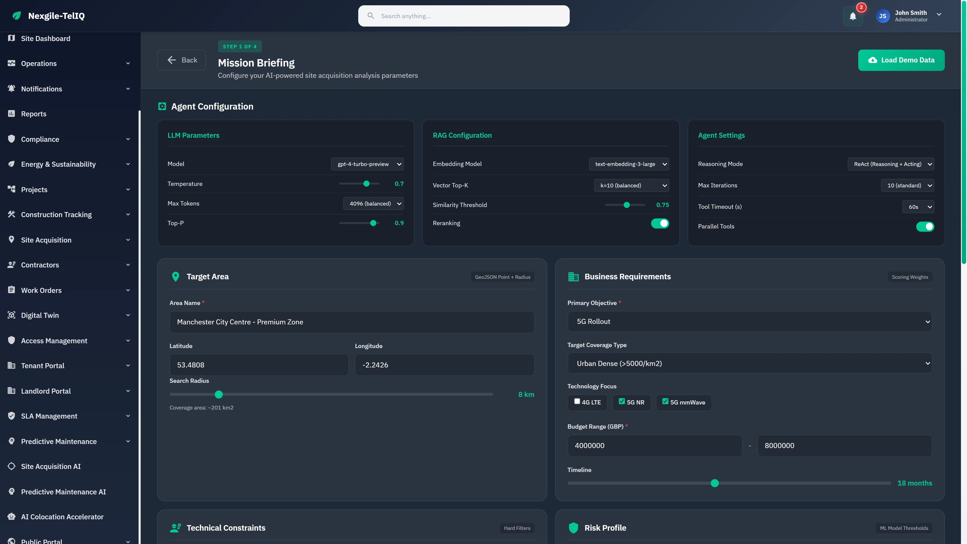 Illustrative preview (sample data, not verified outcomes): Mission Briefing configuration interface with AI model parameters, target area selection, and business requirements setup
