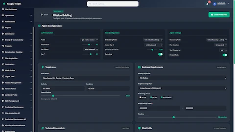 Illustrative preview (sample data, not verified outcomes): Mission Briefing configuration interface with AI model parameters, target area selection, and business requirements setup