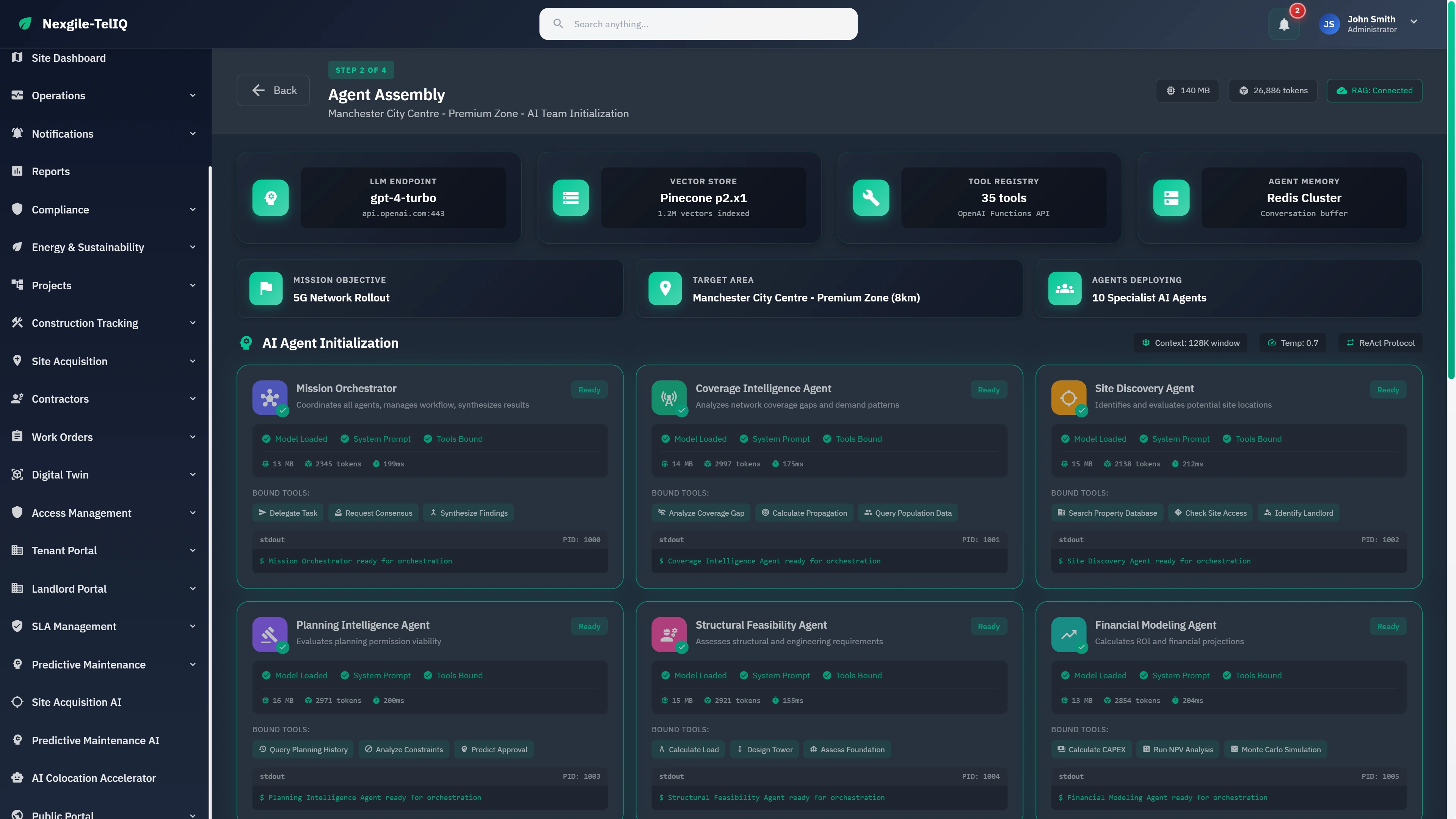 Illustrative preview (sample data, not verified outcomes): Agent Assembly initialization showing 10 specialized AI agents with system status, bound tools, and model configurations