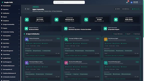 Illustrative preview (sample data, not verified outcomes): Agent Assembly initialization showing 10 specialized AI agents with system status, bound tools, and model configurations