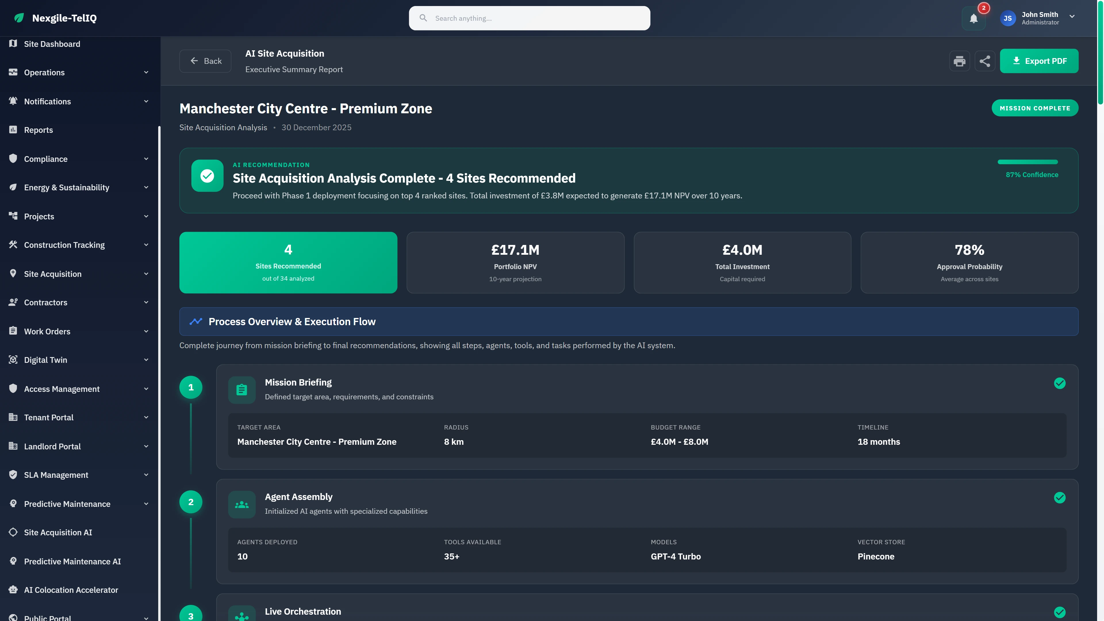 Illustrative preview (sample data, not verified outcomes): Executive Summary Report displaying site recommendations, portfolio NPV, investment analysis, and complete workflow execution