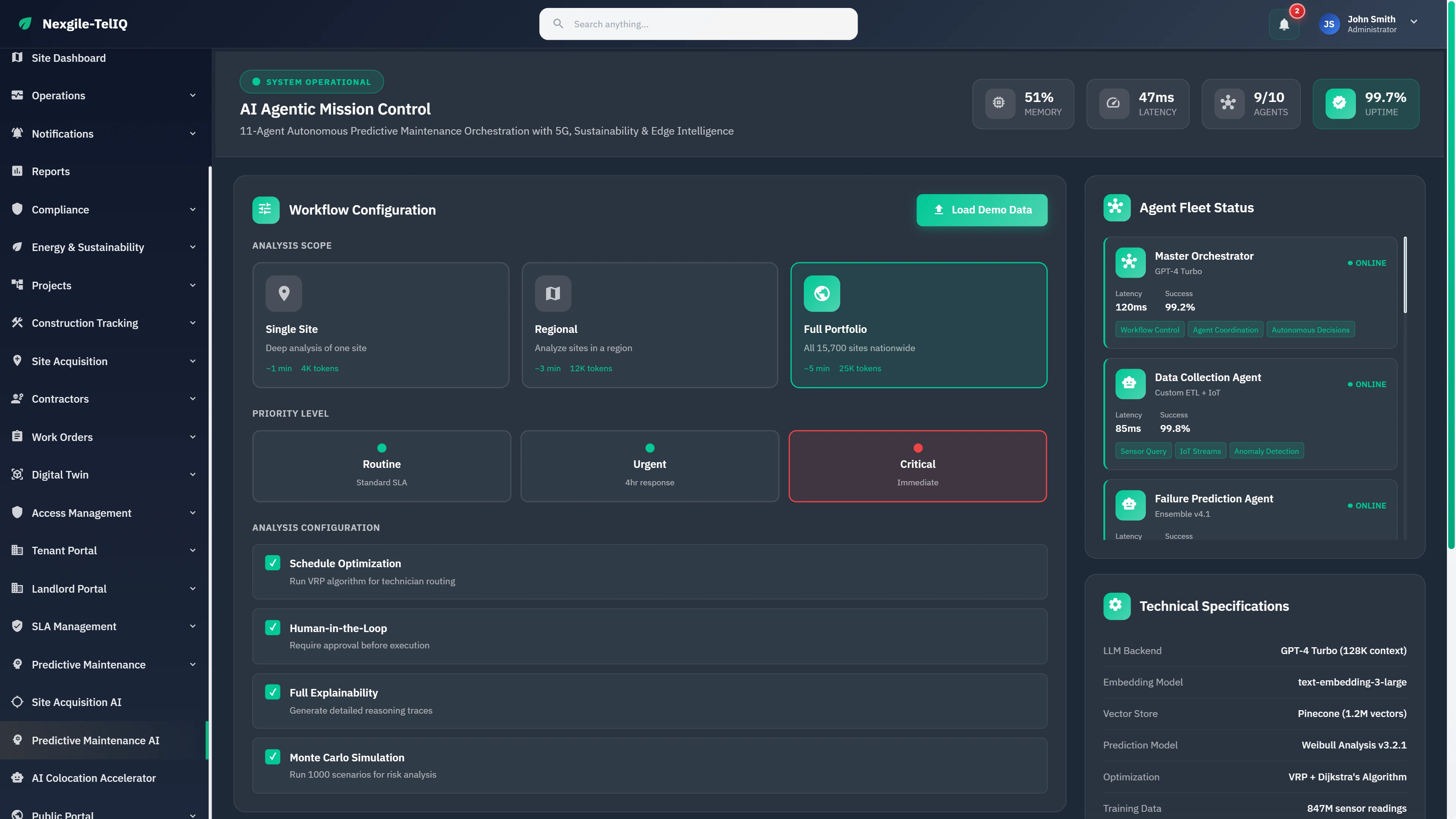 Illustrative preview (sample data, not verified outcomes): Mission Control dashboard with workflow configuration, portfolio scope selection, priority levels, and agent fleet status monitoring