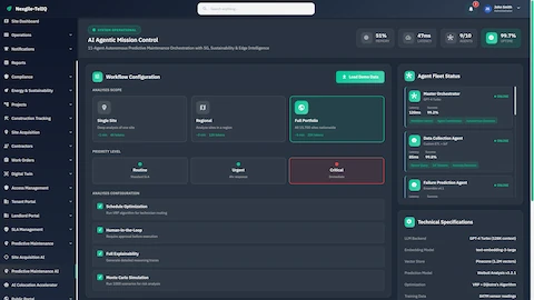 Illustrative preview (sample data, not verified outcomes): Mission Control dashboard with workflow configuration, portfolio scope selection, priority levels, and agent fleet status monitoring