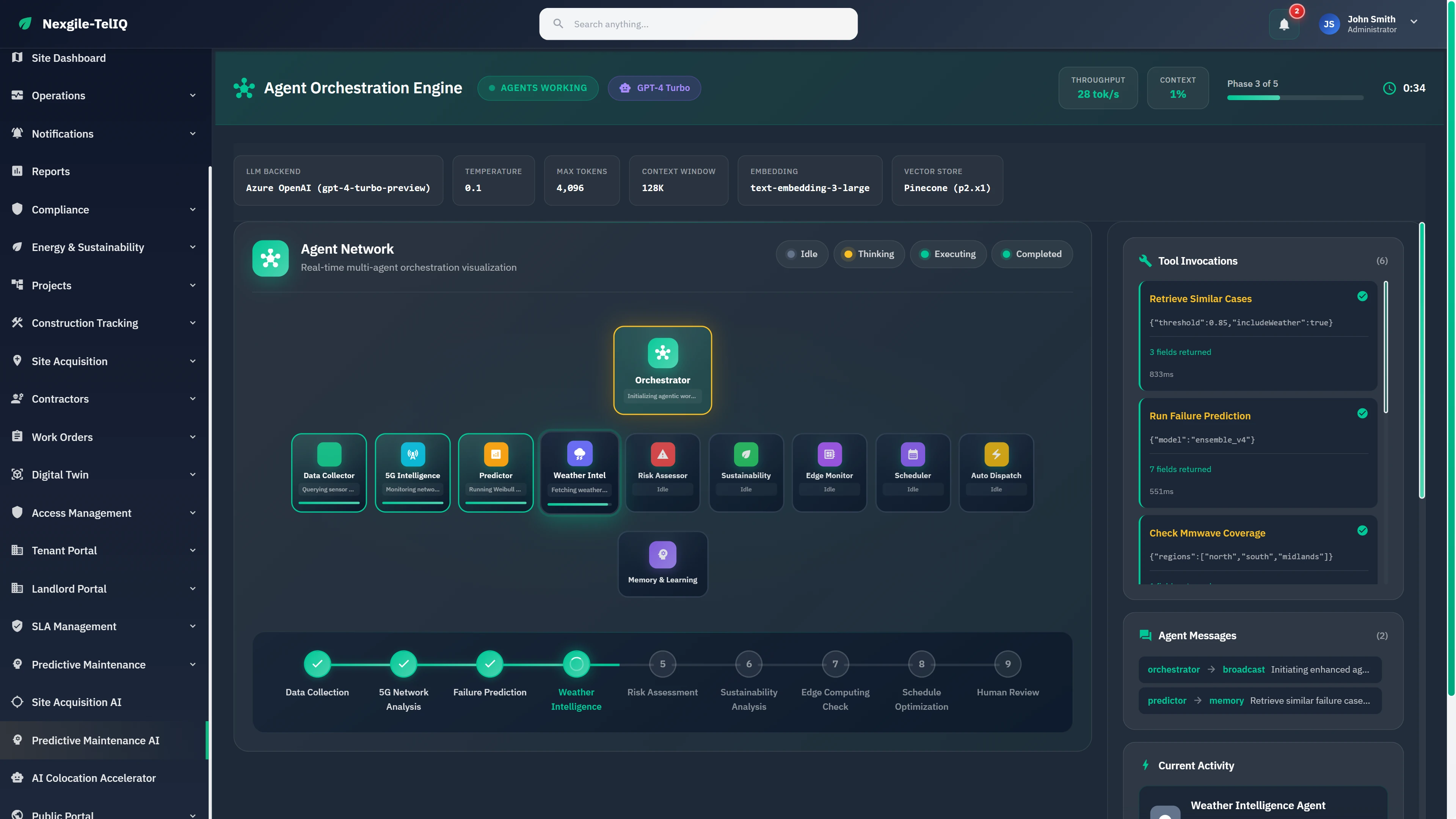 Illustrative preview (sample data, not verified outcomes): Agent Orchestration Engine displaying 11-agent network topology with real-time workflow phases and tool invocation tracking