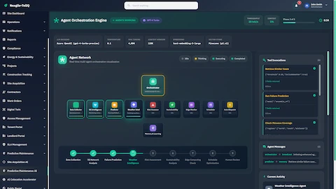 Illustrative preview (sample data, not verified outcomes): Agent Orchestration Engine displaying 11-agent network topology with real-time workflow phases and tool invocation tracking