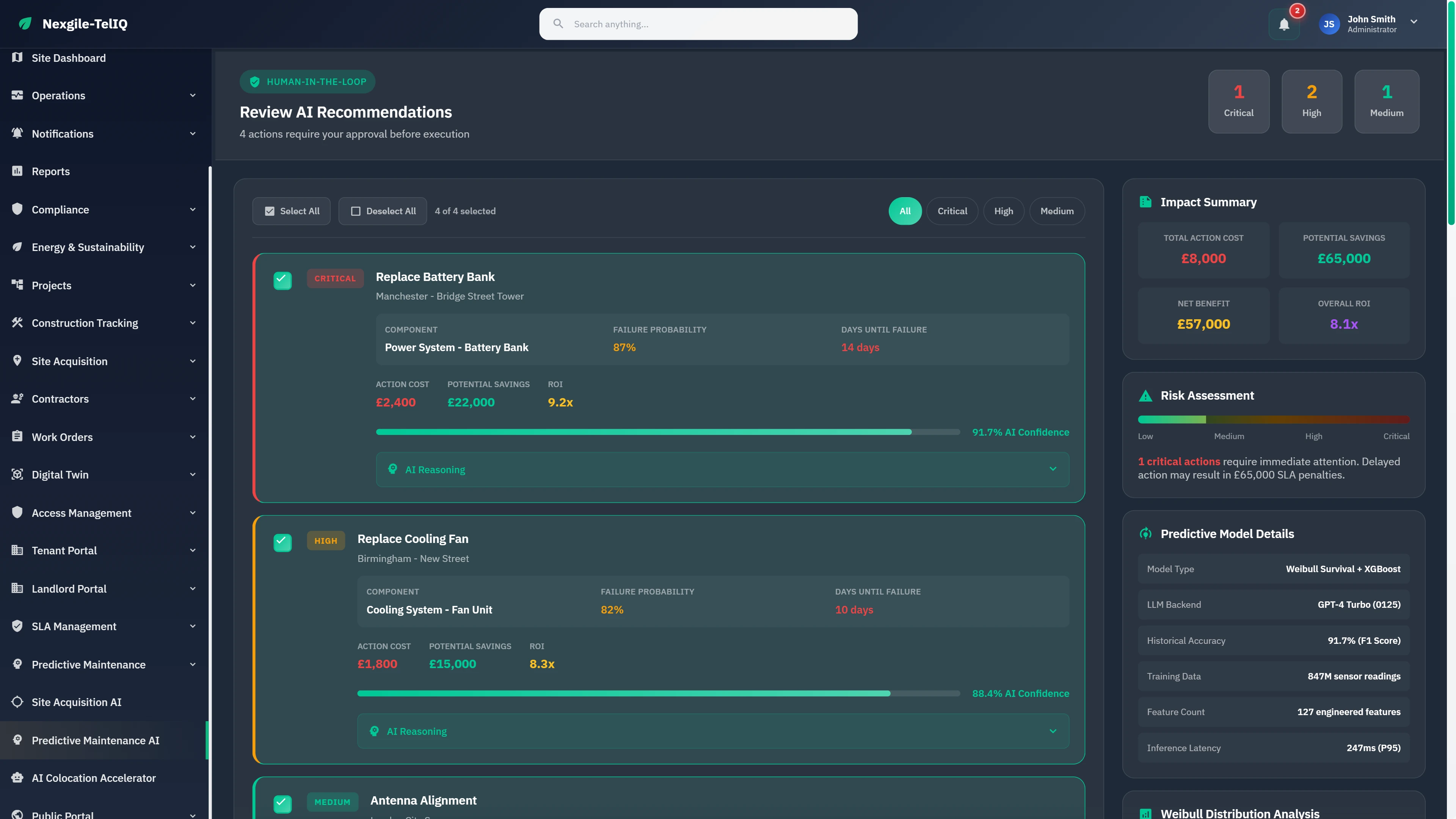 Illustrative preview (sample data, not verified outcomes): Human-in-the-Loop review interface showing AI maintenance recommendations with failure predictions, cost analysis, and ROI metrics