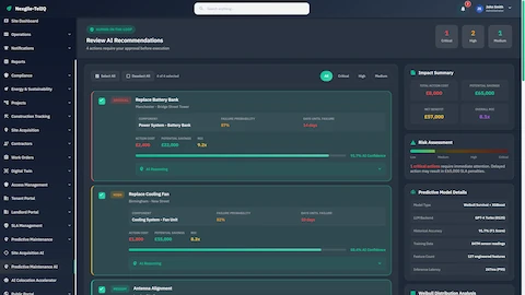 Illustrative preview (sample data, not verified outcomes): Human-in-the-Loop review interface showing AI maintenance recommendations with failure predictions, cost analysis, and ROI metrics