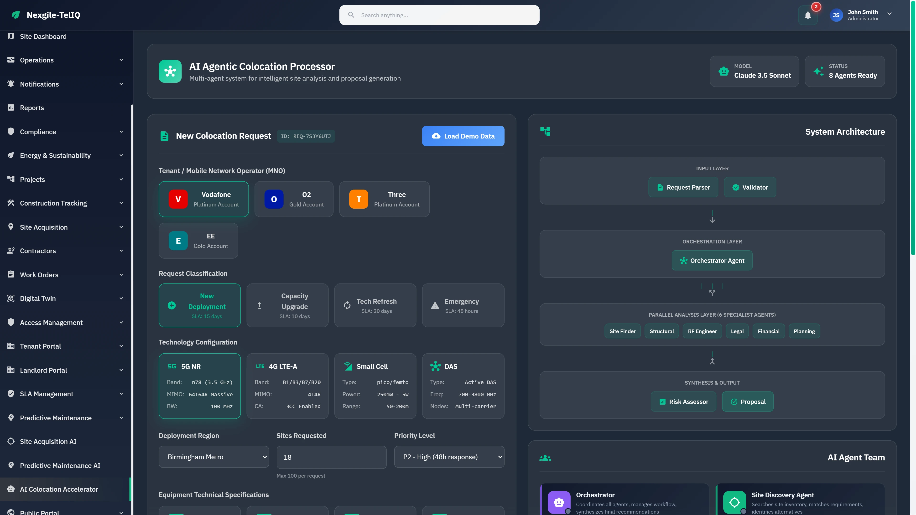 Illustrative preview (sample data, not verified outcomes): Colocation Request processor with tenant selection, technology configuration, deployment parameters, and system architecture visualization