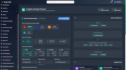 Illustrative preview (sample data, not verified outcomes): Colocation Request processor with tenant selection, technology configuration, deployment parameters, and system architecture visualization