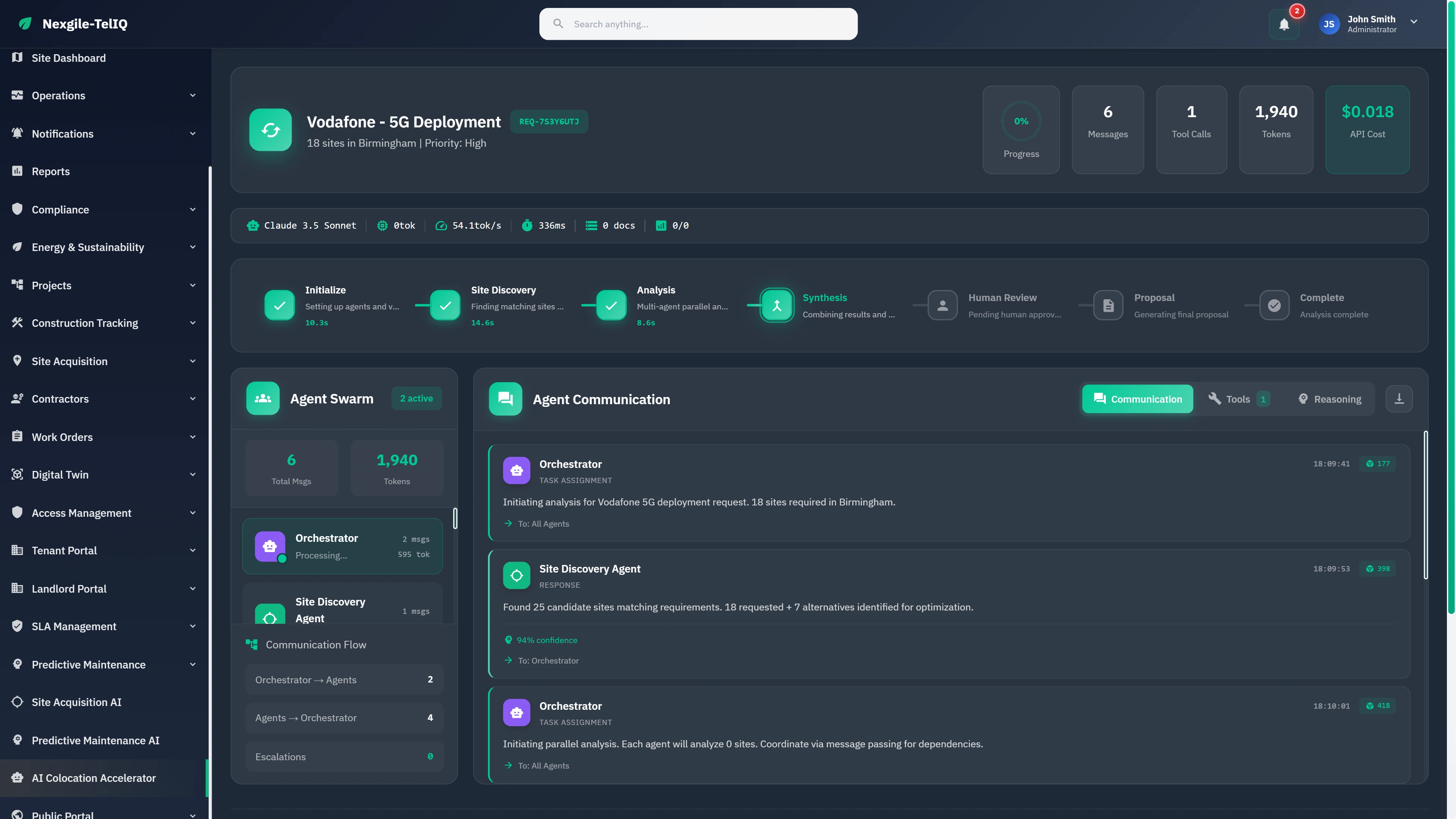 Illustrative preview (sample data, not verified outcomes): Live workflow orchestration showing agent swarm coordination, communication flow, and real-time multi-phase analysis progress