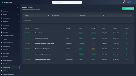 Illustrative preview (sample data, not verified outcomes): Landlord Support Portal - Property owner access to lease management, payment history, site activity, and support ticketing